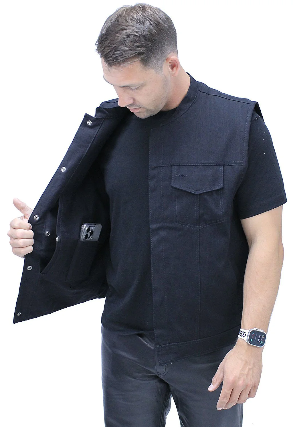 Black Denim Snap Up Club Vest w/Concealed Pocket #VMC3200K () - Image 3