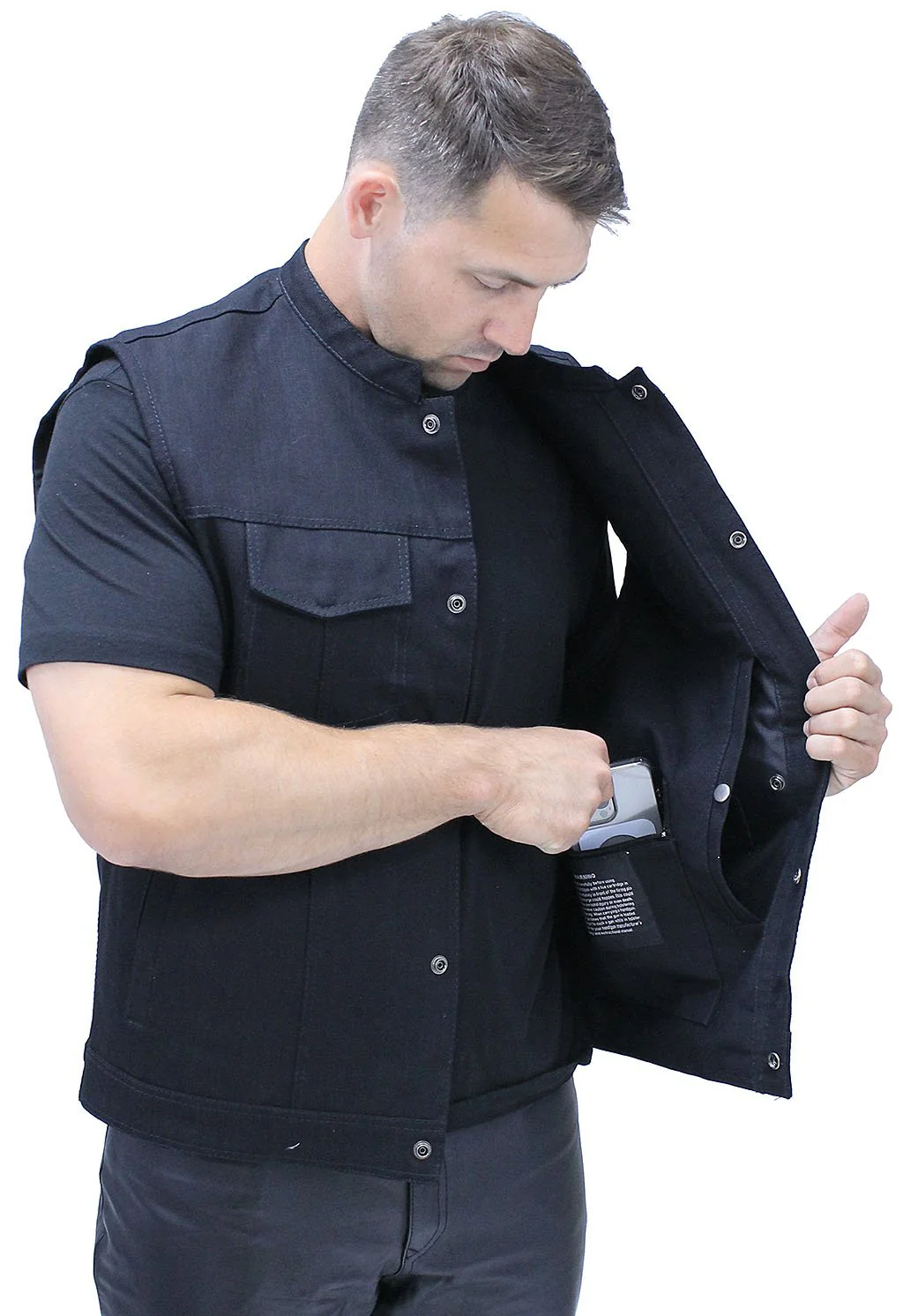 Black Denim Snap Up Club Vest w/Concealed Pocket #VMC3200K () - Image 4
