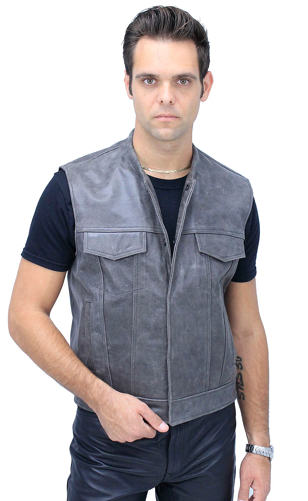 Distressed Leather Club Vest w/Concealed Pockets #VM1016N () - Image 3