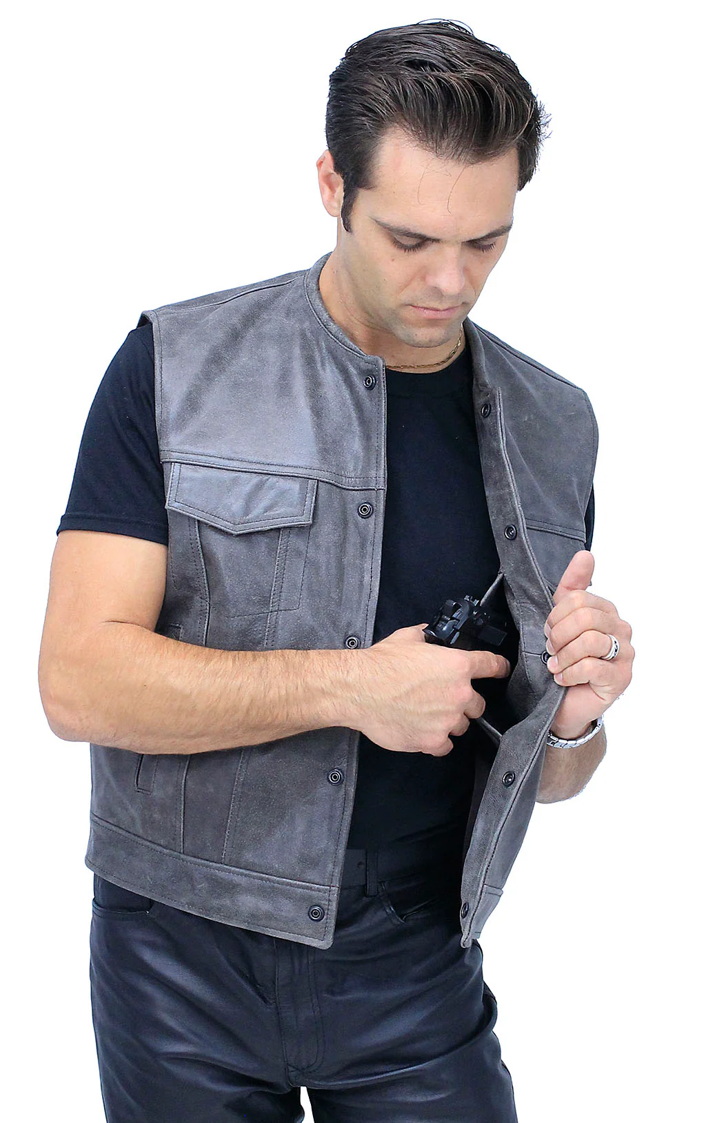 Distressed Leather Club Vest w/Concealed Pockets #VM1016N () - Image 4