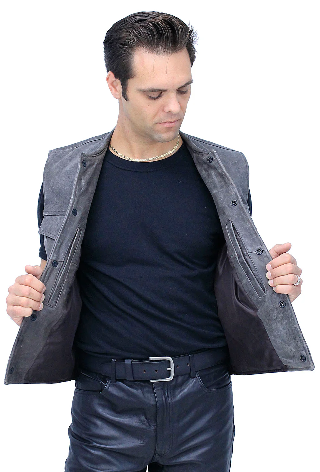 Distressed Leather Club Vest w/Concealed Pockets #VM1016N () - Image 5