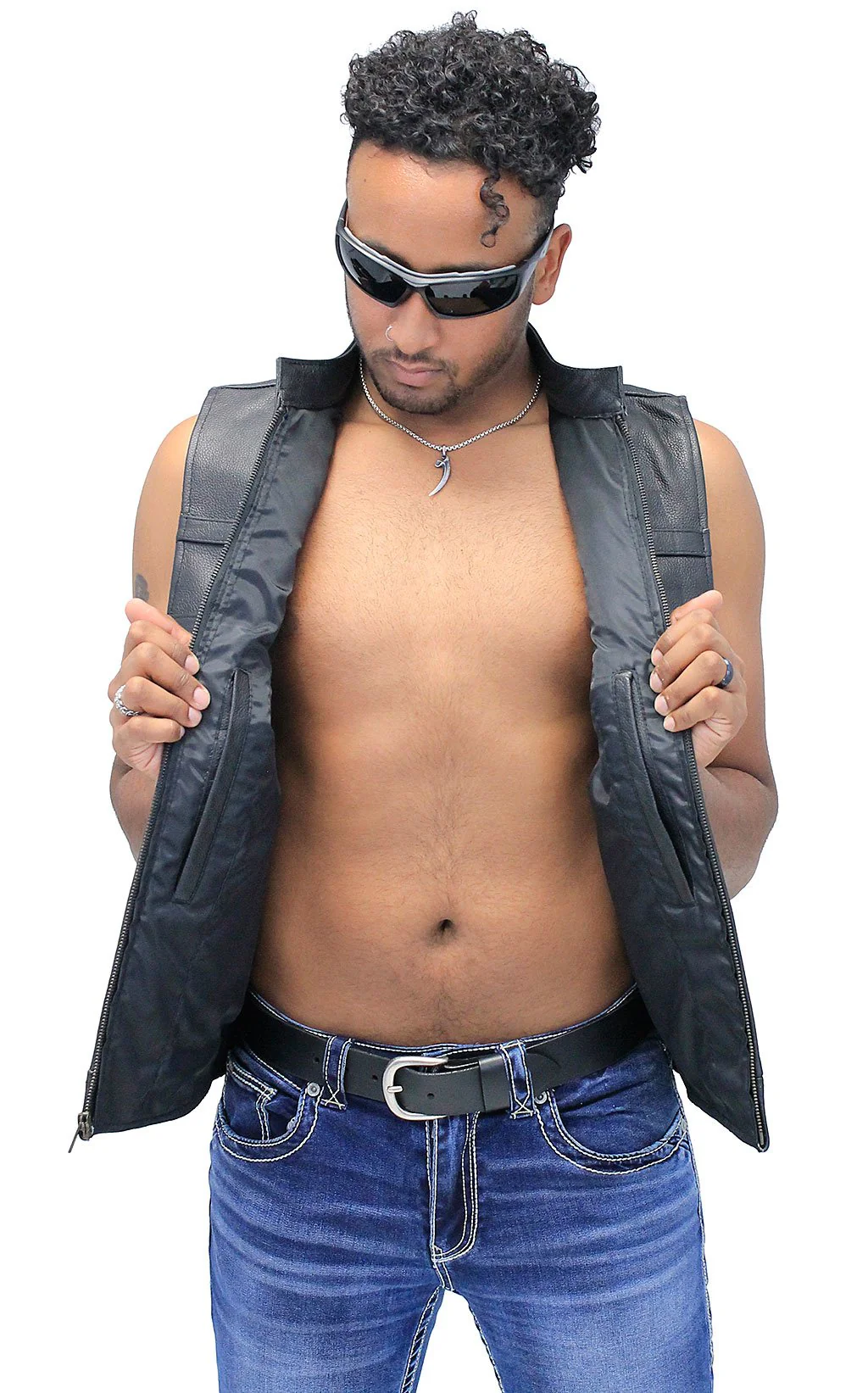 Striped Zip Front Men's Leather Vest #VM1366Z () - Image 3