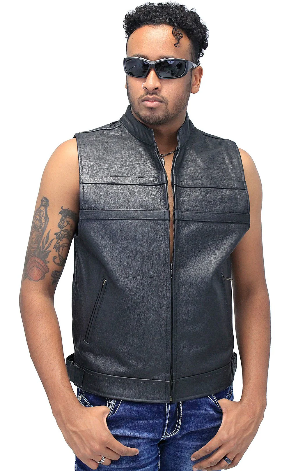 Striped Zip Front Men's Leather Vest #VM1366Z () - Image 4