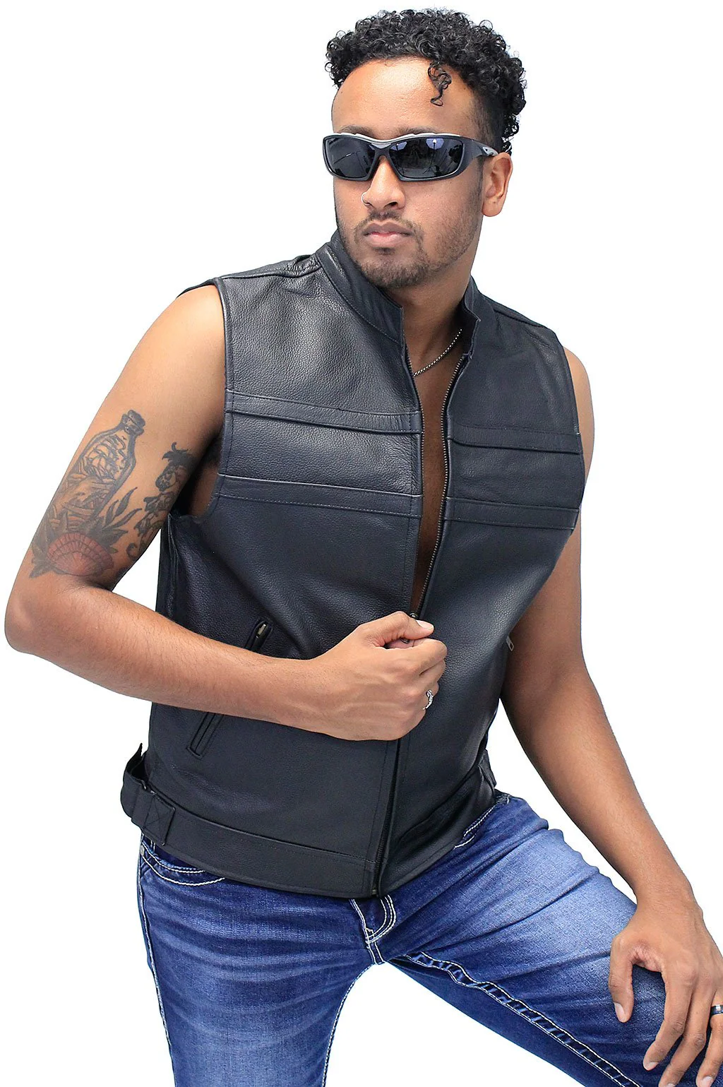 Striped Zip Front Men's Leather Vest #VM1366Z () - Image 5