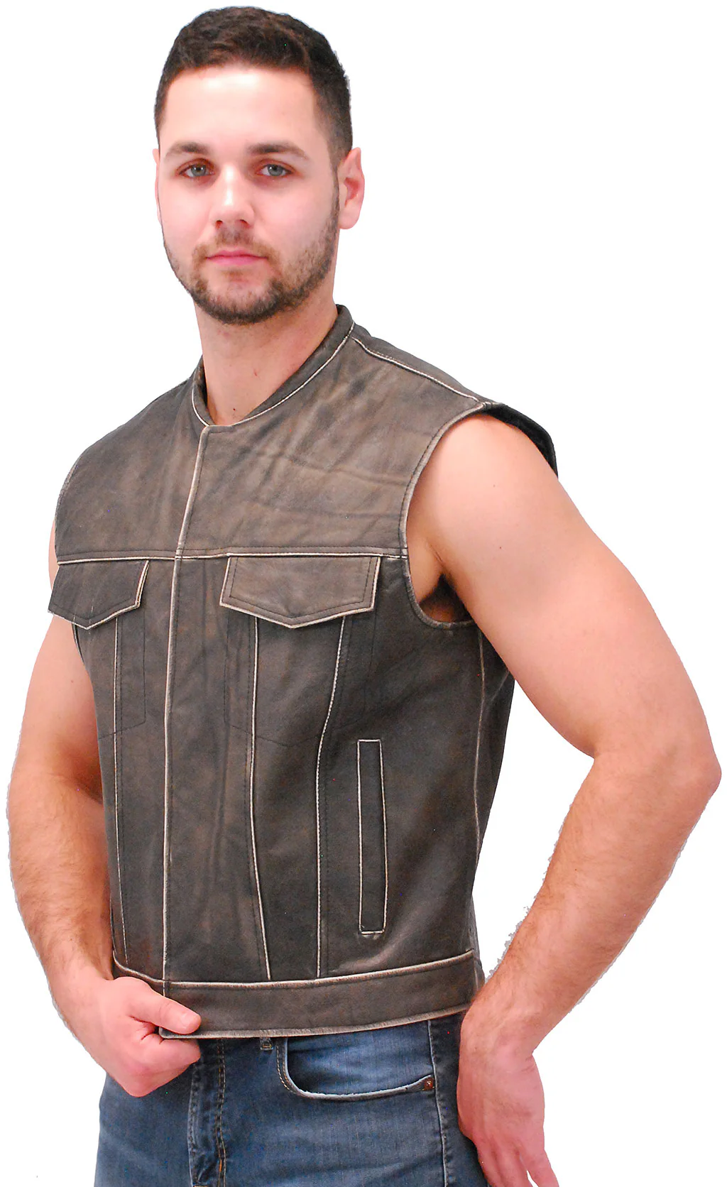 Vintage Brown Leather Club Vest w/Dual Concealed Pockets #VMA1015DN () - Image 3